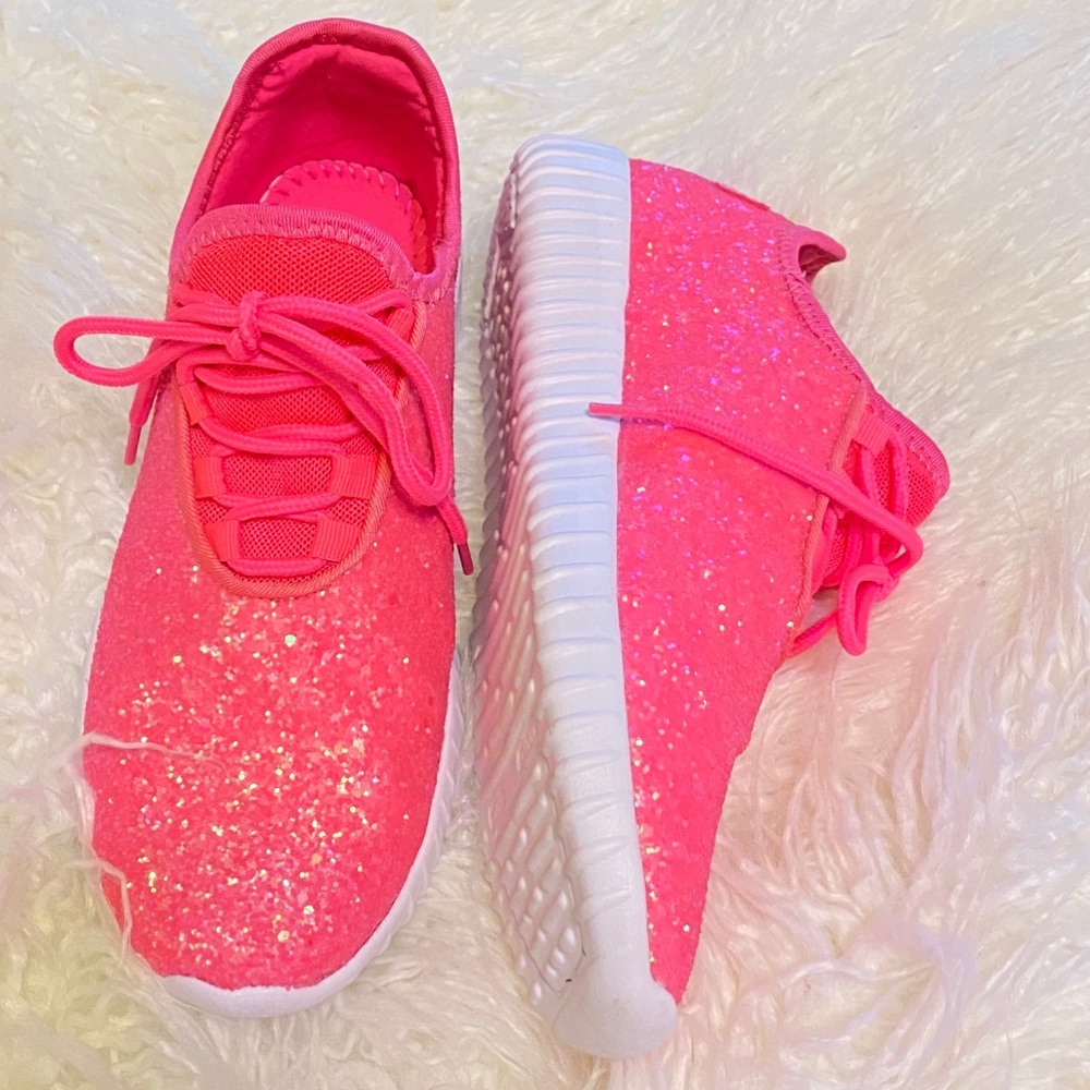 Neon pink glitter sneakers bling glam tennis shoes